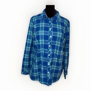 Talbots Womens Size Petite Large LP Blue Plaid Shirt Button Up Roll Tab Sleeves